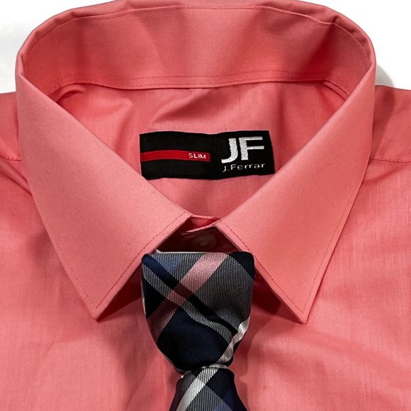 J Ferrar Slim Fit Mens Button Up Long Sleeve Dress Shirt & Tie Medium New Pink - Picture 12 of 14